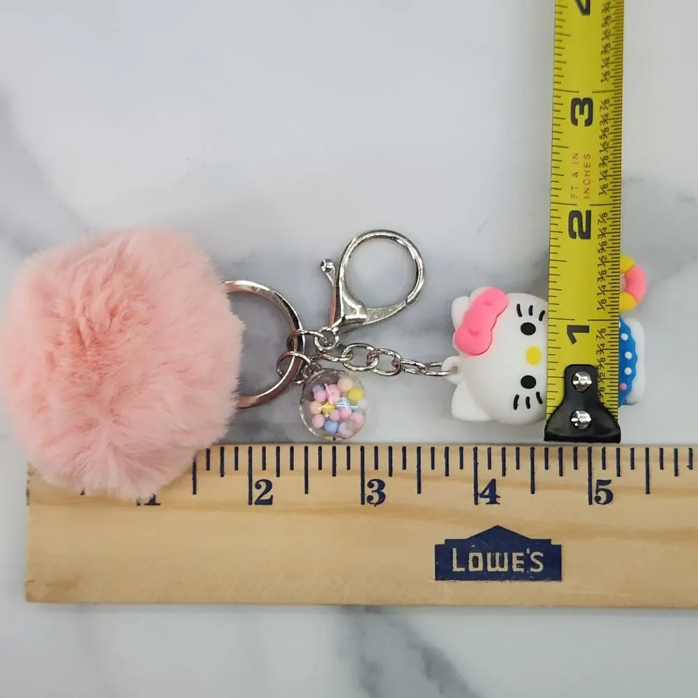 Hello Kitty 3D Figure Keychain, puff ball & mini bead filled bubble Blue & Peach